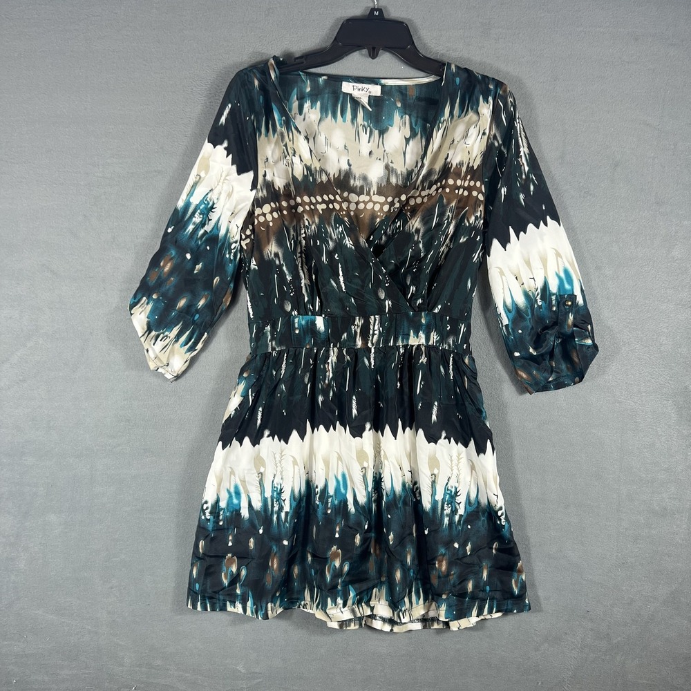 Pinky Women's Size M Abstract Tie-Dye‎ Wrap V-Neck 3/4 Sleeve Mini Dress